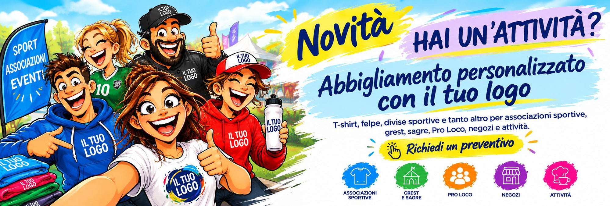 Abbigliamento personalizzato con il tuo logo: t-shirt, felpe e divise per associazioni sportive, grest, sagre, Pro Loco, negozi e attività