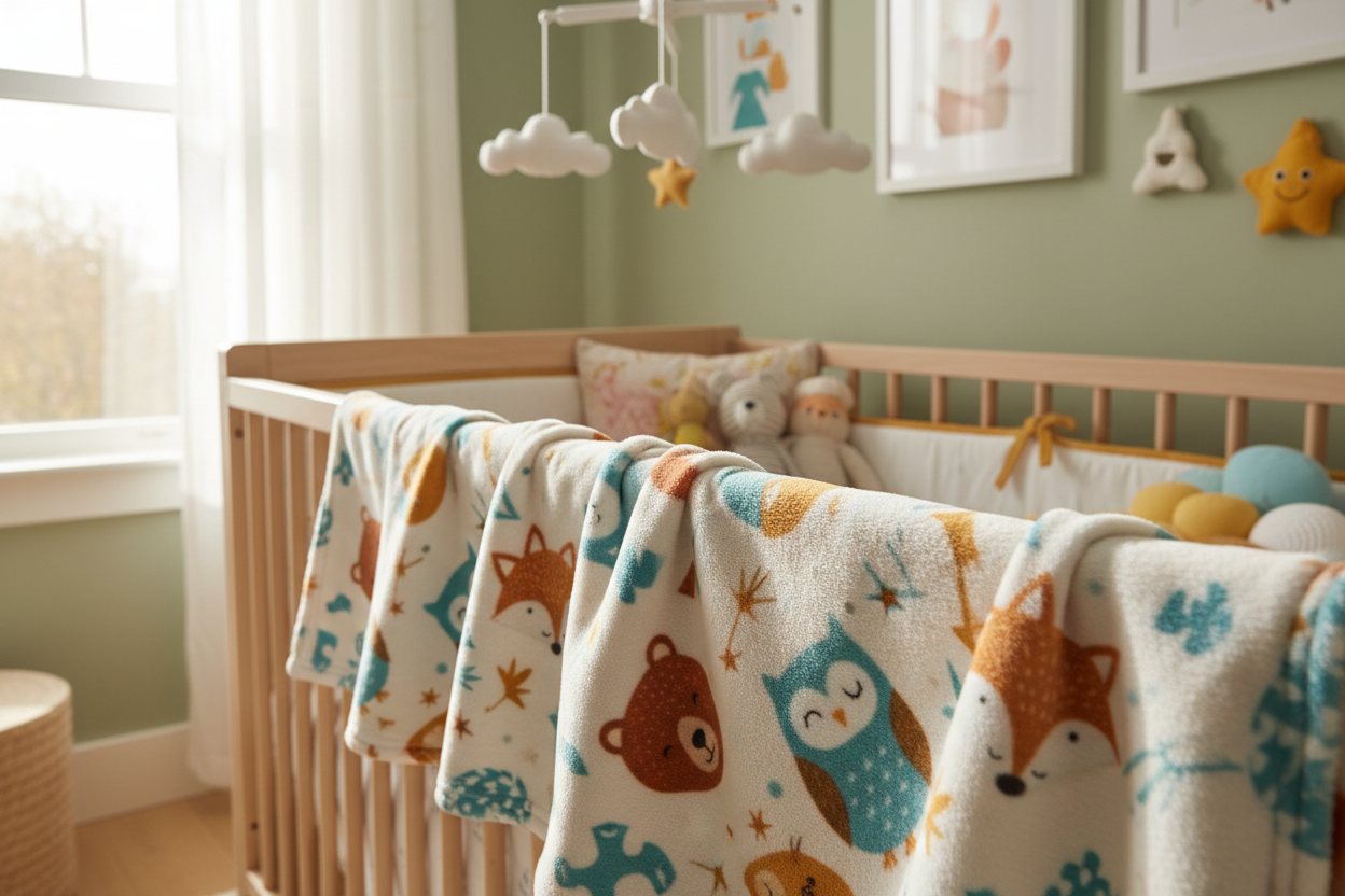 coperta in pile stampato su lettino da bambino 