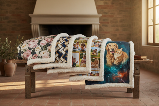 gruppo di coperte sherpa con stampe differenti